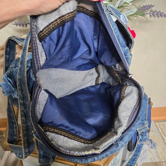 FLR PWR Upcycled Denim Jeans hippie Flower crochet gingham shoulder bag blue red - Picture 10 of 15